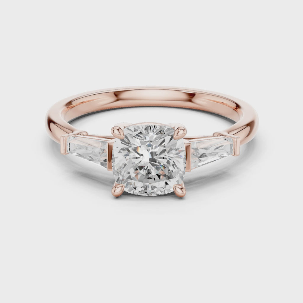 Gold Three-Stone Baguette Engagement Ring, Cushion center stone, Rose Gold, 360 video