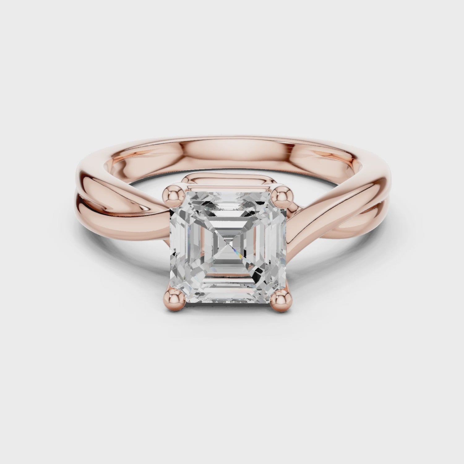 Gold Twisted Band Solitaire Engagement Ring, Asscher center stone, Rose Gold, 360 video