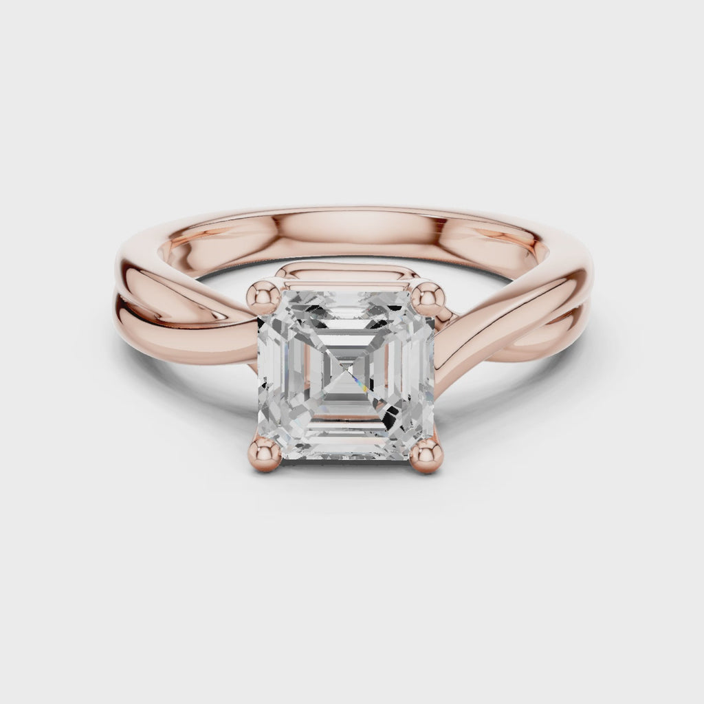 Gold Twisted Band Solitaire Engagement Ring, Asscher center stone, Rose Gold, 360 video