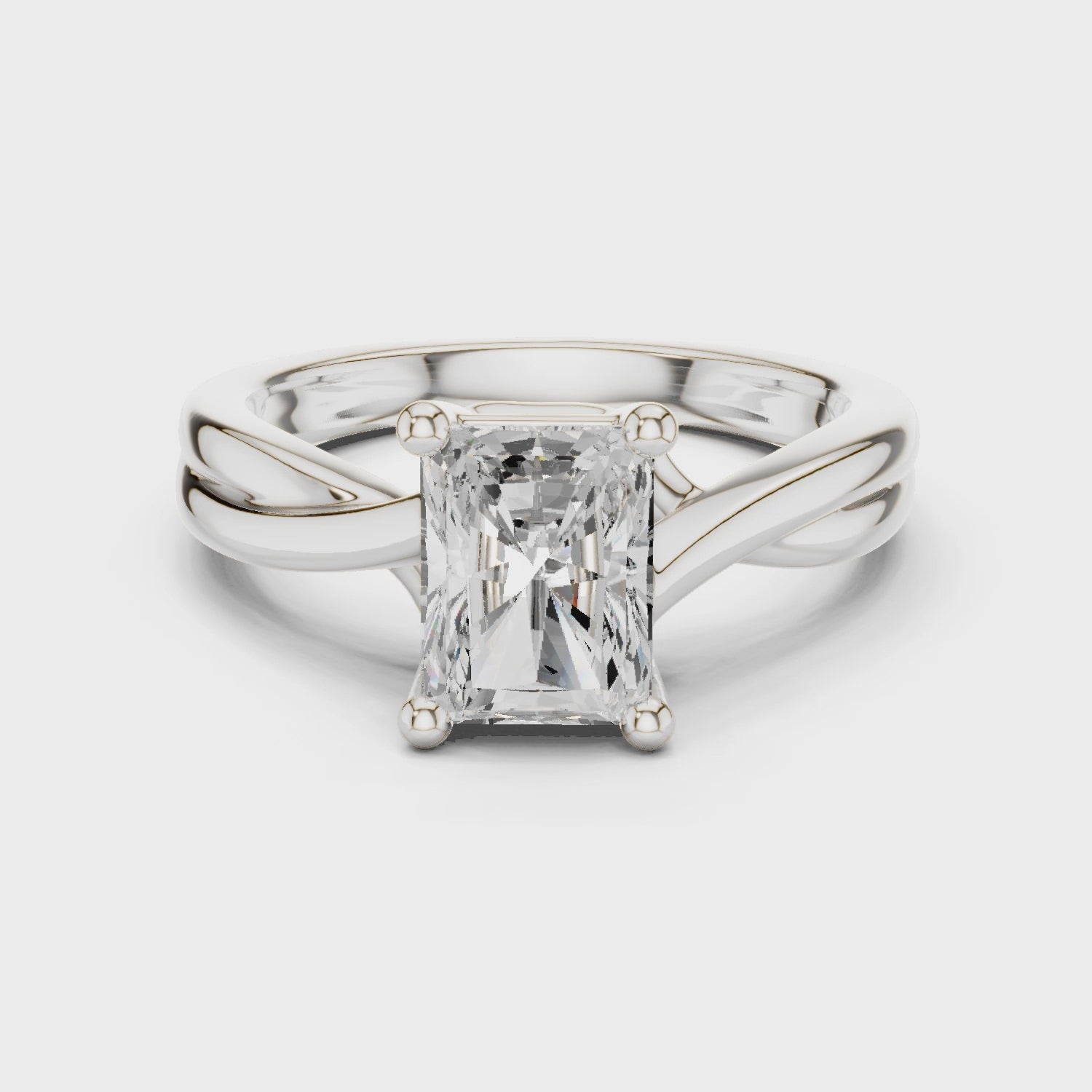 Gold Twisted Band Solitaire Engagement Ring, Radiant center stone, White Gold, 360 video