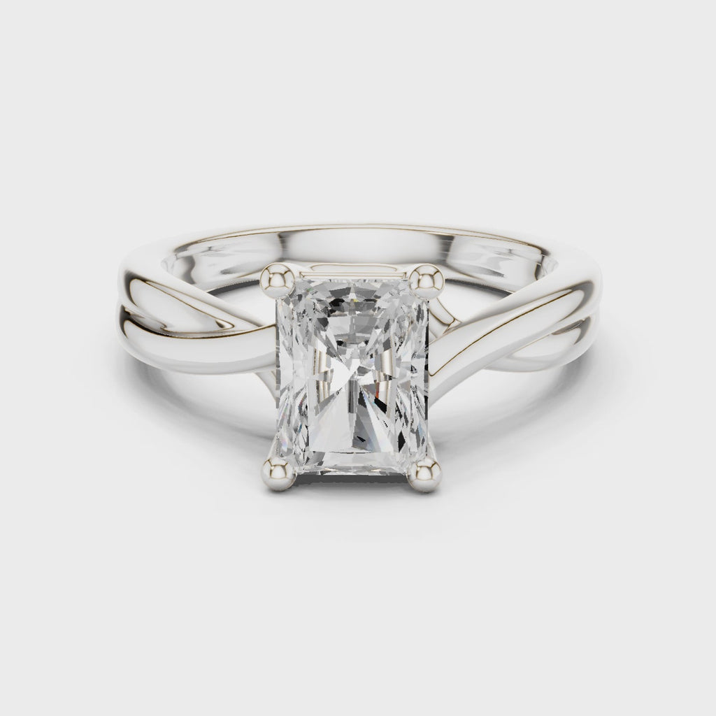 Gold Twisted Band Solitaire Engagement Ring, Radiant center stone, White Gold, 360 video