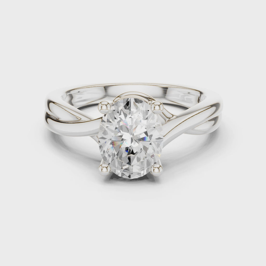 Gold Twisted Band Solitaire Engagement Ring, Oval center stone, White Gold, 360 video