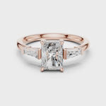 Gold Three-Stone Baguette Engagement Ring, Radiant center stone, Rose Gold, 360 video
