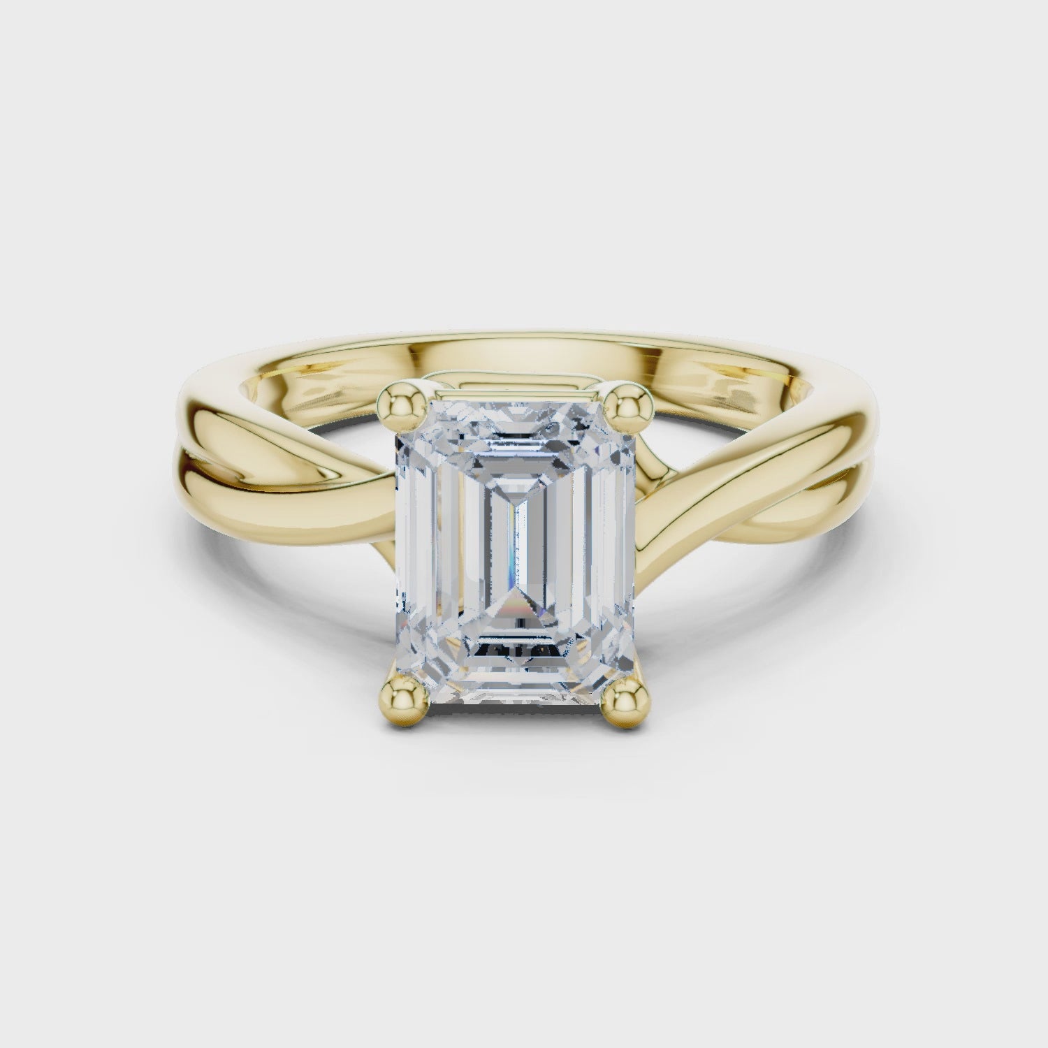 Gold Twisted Band Solitaire Engagement Ring, Emerald center stone, Yellow Gold, 360 video