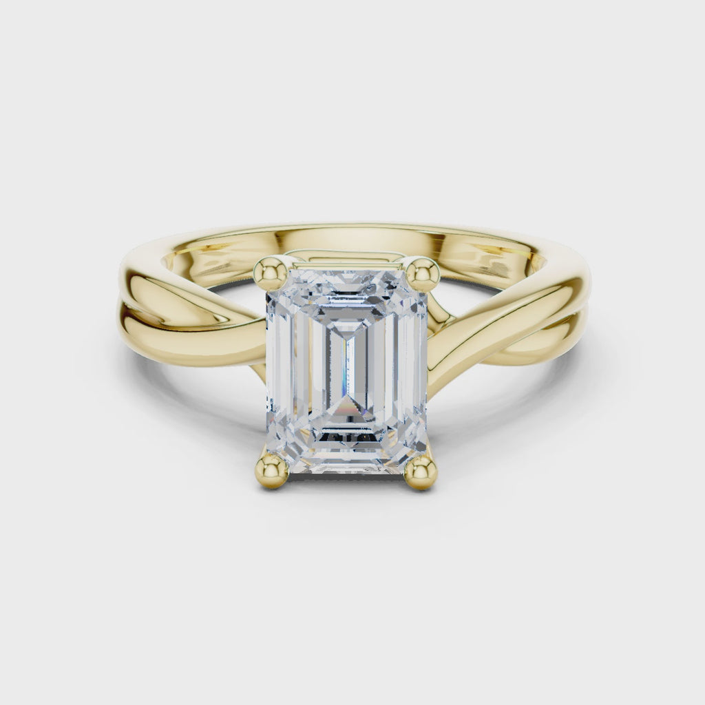 Gold Twisted Band Solitaire Engagement Ring, Emerald center stone, Yellow Gold, 360 video