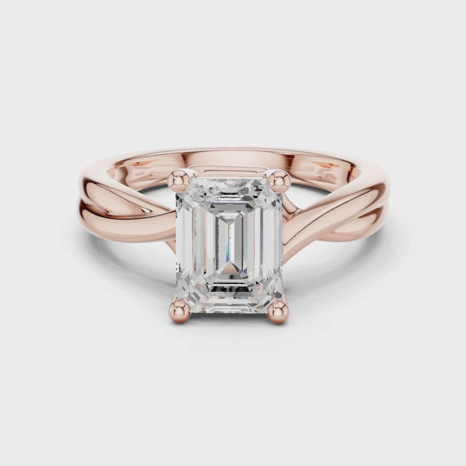 Gold Twisted Band Solitaire Engagement Ring, Emerald center stone, Rose Gold, 360 video