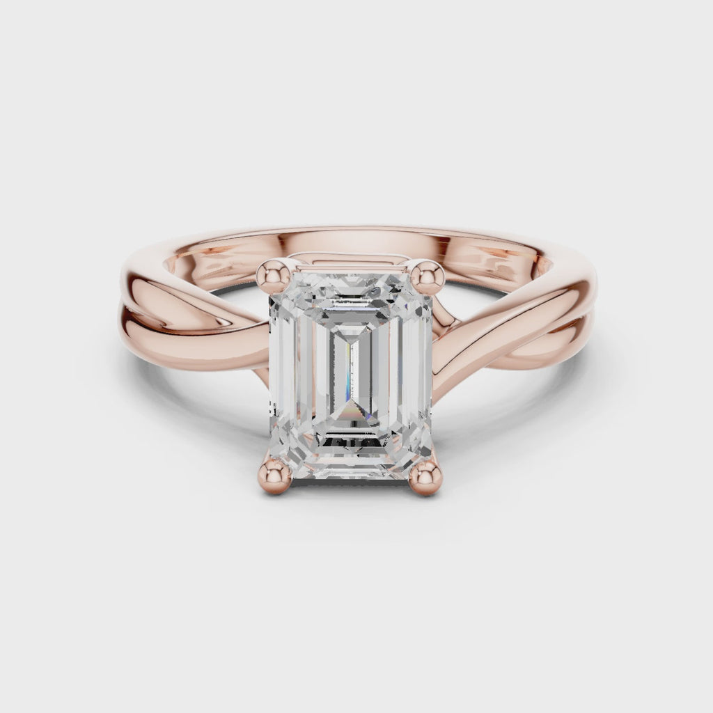 Gold Twisted Band Solitaire Engagement Ring, Emerald center stone, Rose Gold, 360 video