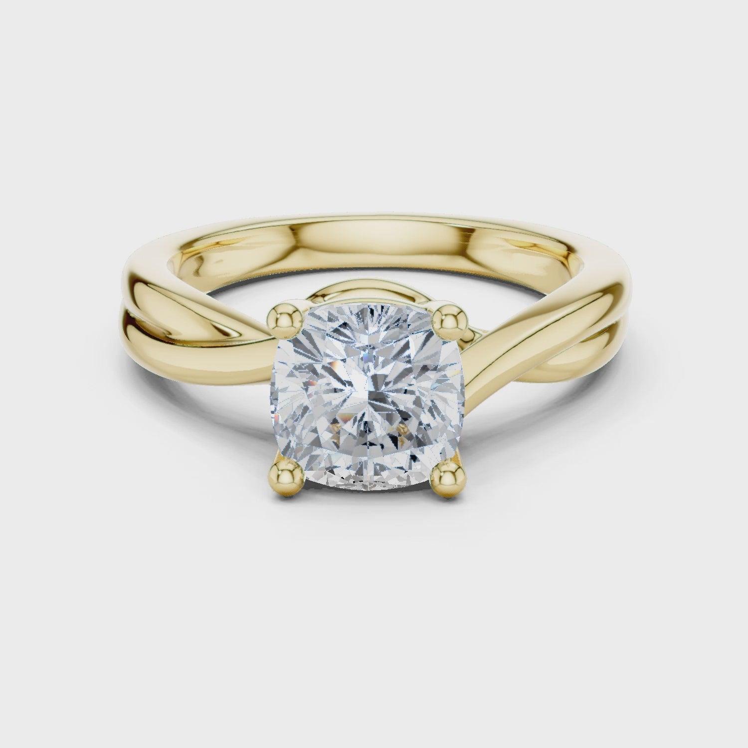 Gold Twisted Band Solitaire Engagement Ring, Cushion center stone, Yellow Gold, 360 video