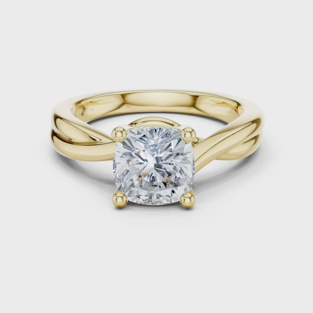 Gold Twisted Band Solitaire Engagement Ring, Cushion center stone, Yellow Gold, 360 video