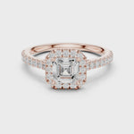 Gold Halo Pave Engagement Ring, Asscher center stone, Rose Gold, 360 video