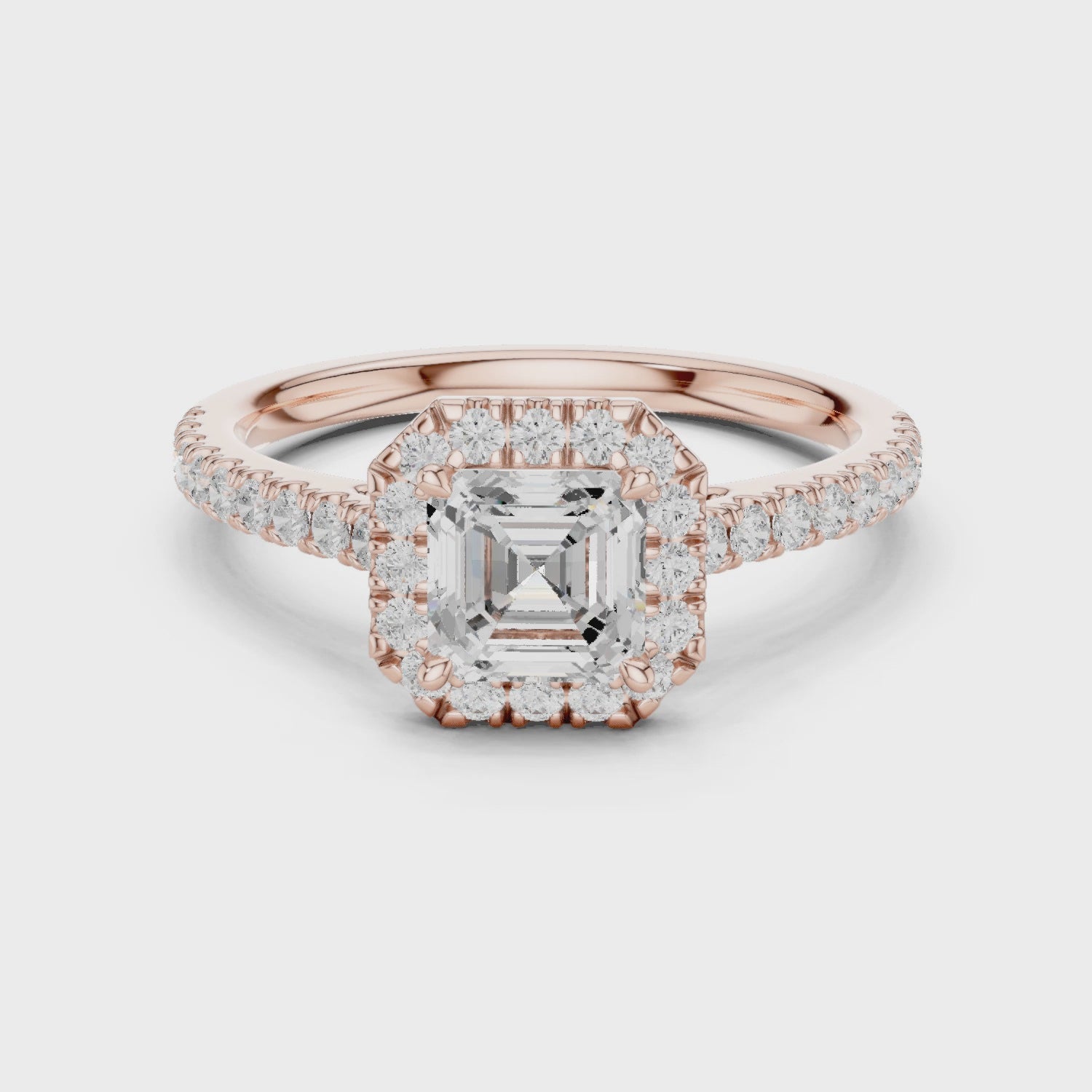 Gold Halo Pave Engagement Ring, Asscher center stone, Rose Gold, 360 video