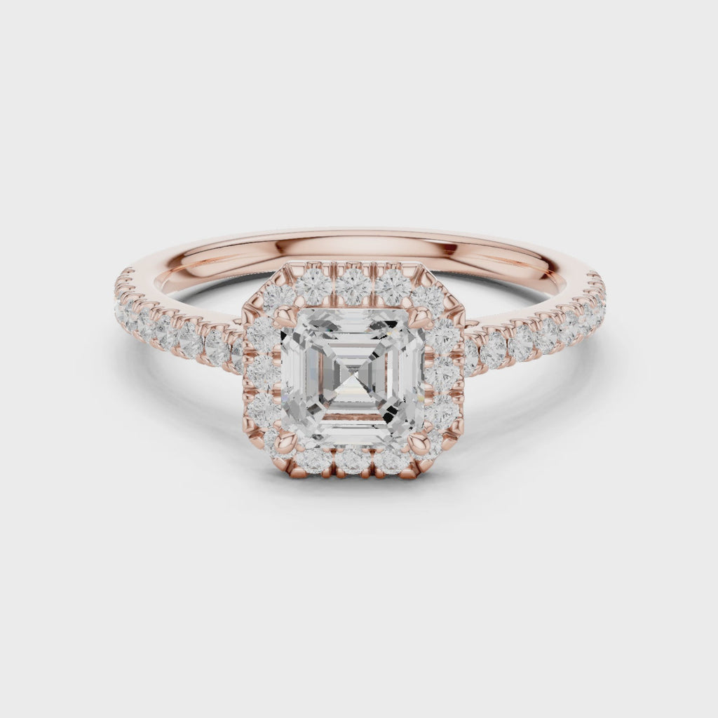 Gold Halo Pave Engagement Ring, Asscher center stone, Rose Gold, 360 video