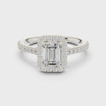 Gold Halo Pave Engagement Ring, Emerald center stone, White Gold, 360 video