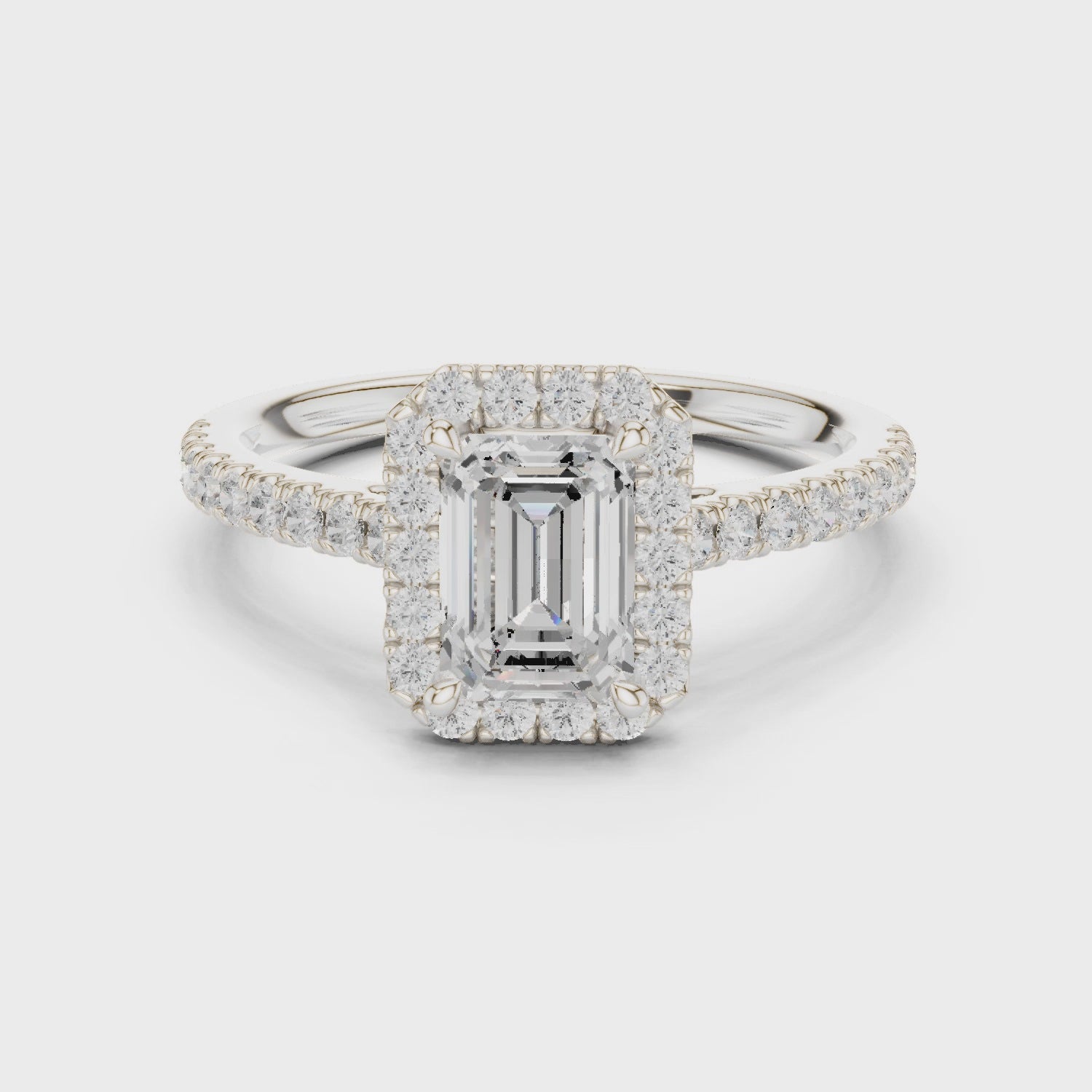 Gold Halo Pave Engagement Ring, Emerald center stone, White Gold, 360 video