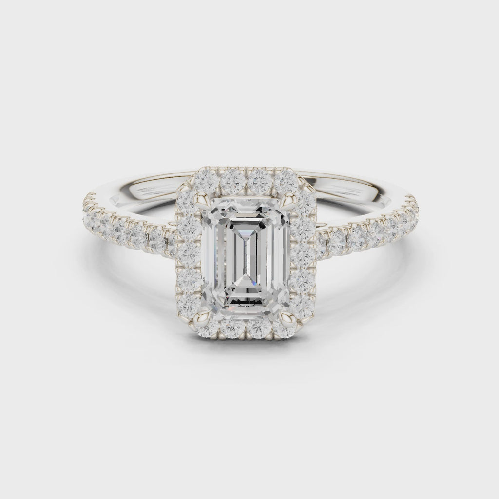 Gold Halo Pave Engagement Ring, Emerald center stone, White Gold, 360 video