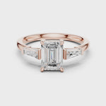 Gold Three-Stone Baguette Engagement Ring, Emerald center stone, Rose Gold, 360 video