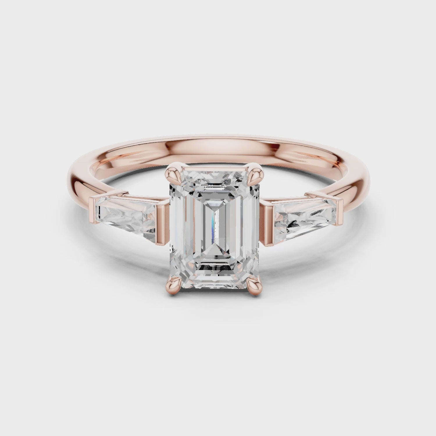 Gold Three-Stone Baguette Engagement Ring, Emerald center stone, Rose Gold, 360 video
