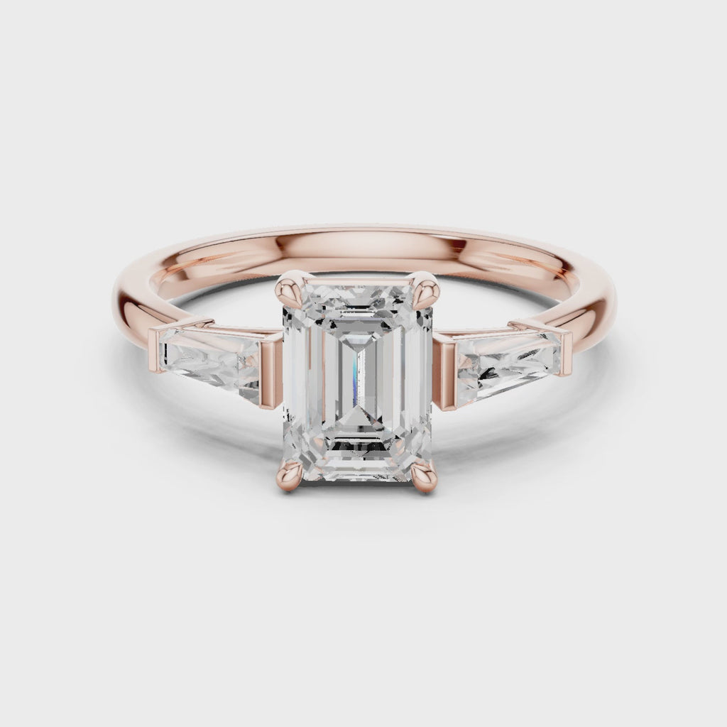 Gold Three-Stone Baguette Engagement Ring, Emerald center stone, Rose Gold, 360 video