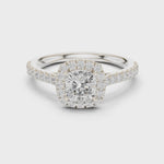 Gold Halo Pave Engagement Ring, Cushion center stone, White Gold, 360 video