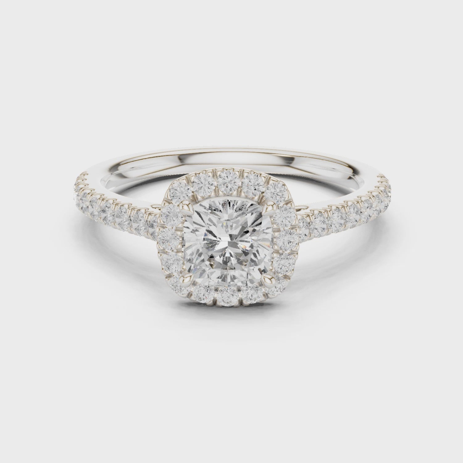 Gold Halo Pave Engagement Ring, Cushion center stone, White Gold, 360 video