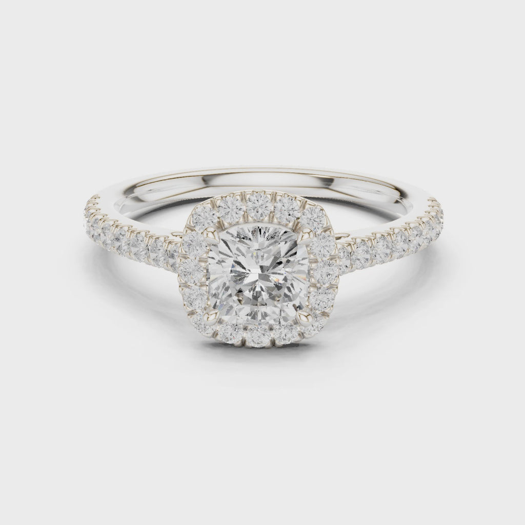 Gold Halo Pave Engagement Ring, Cushion center stone, White Gold, 360 video
