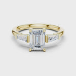 Gold Three-Stone Baguette Engagement Ring, Emerald center stone, Yellow Gold, 360 video
