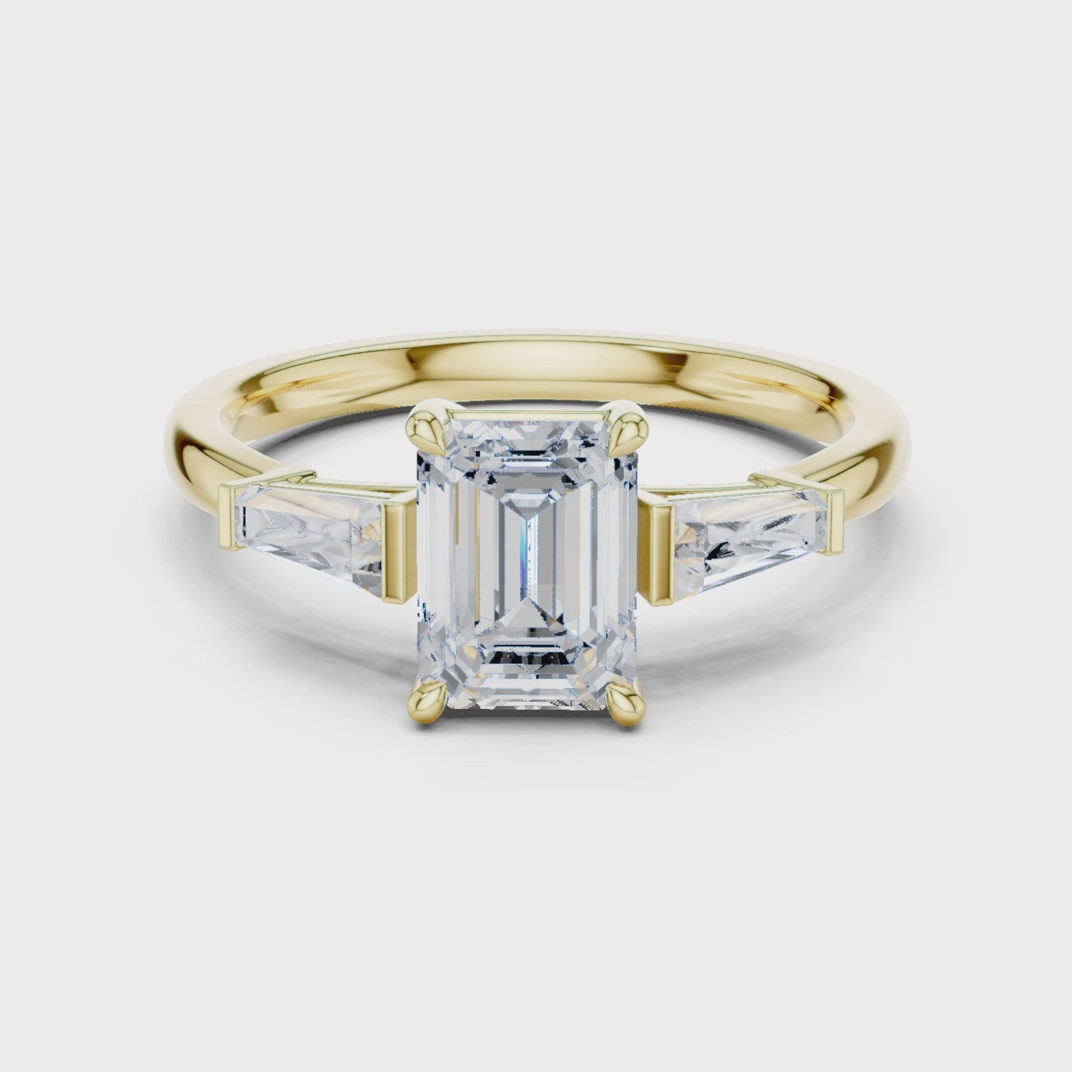 Gold Three-Stone Baguette Engagement Ring, Emerald center stone, Yellow Gold, 360 video