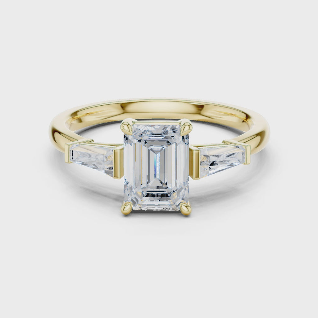 Gold Three-Stone Baguette Engagement Ring, Emerald center stone, Yellow Gold, 360 video