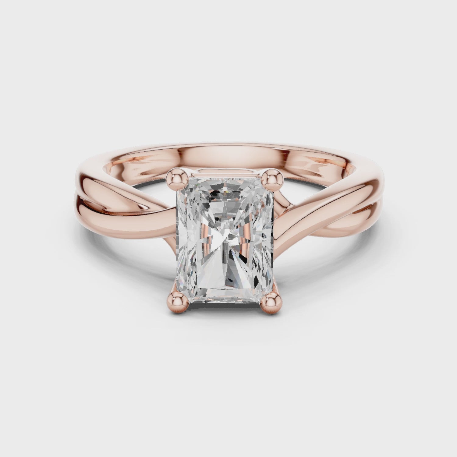 Gold Twisted Band Solitaire Engagement Ring, Radiant center stone, Rose Gold, 360 video