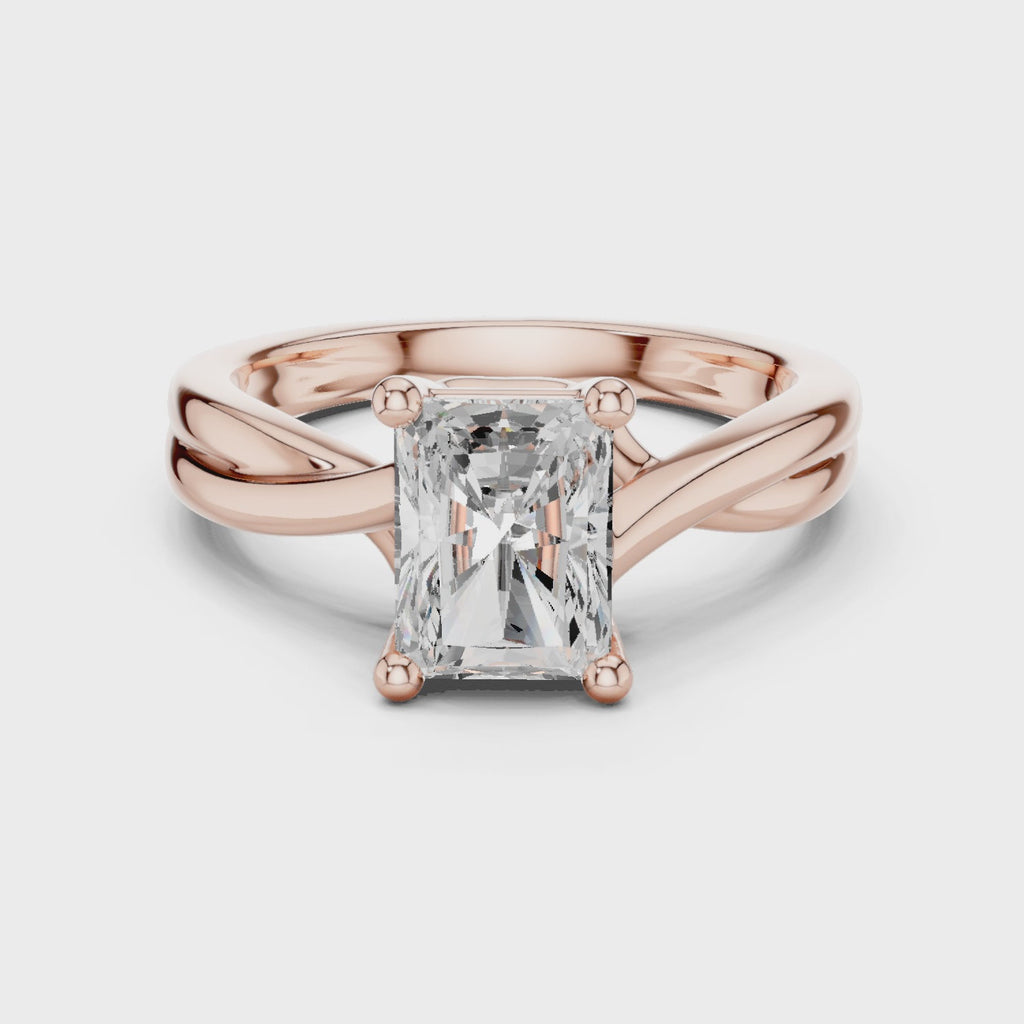 Gold Twisted Band Solitaire Engagement Ring, Radiant center stone, Rose Gold, 360 video