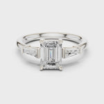 Gold Three-Stone Baguette Engagement Ring, Emerald center stone, White Gold, 360 video