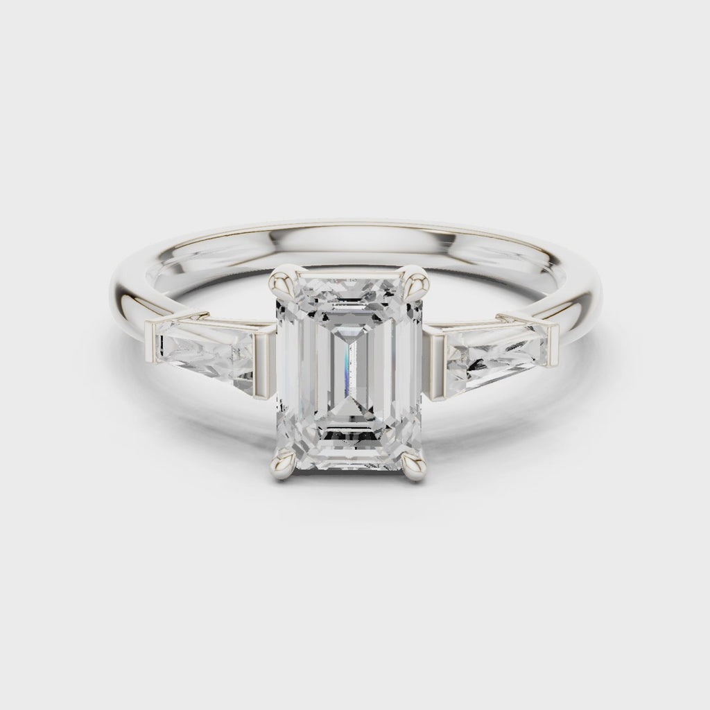 Gold Three-Stone Baguette Engagement Ring, Emerald center stone, White Gold, 360 video