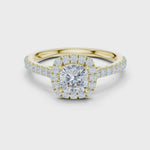 Gold Halo Pave Engagement Ring, Cushion center stone, Yellow Gold, 360 video