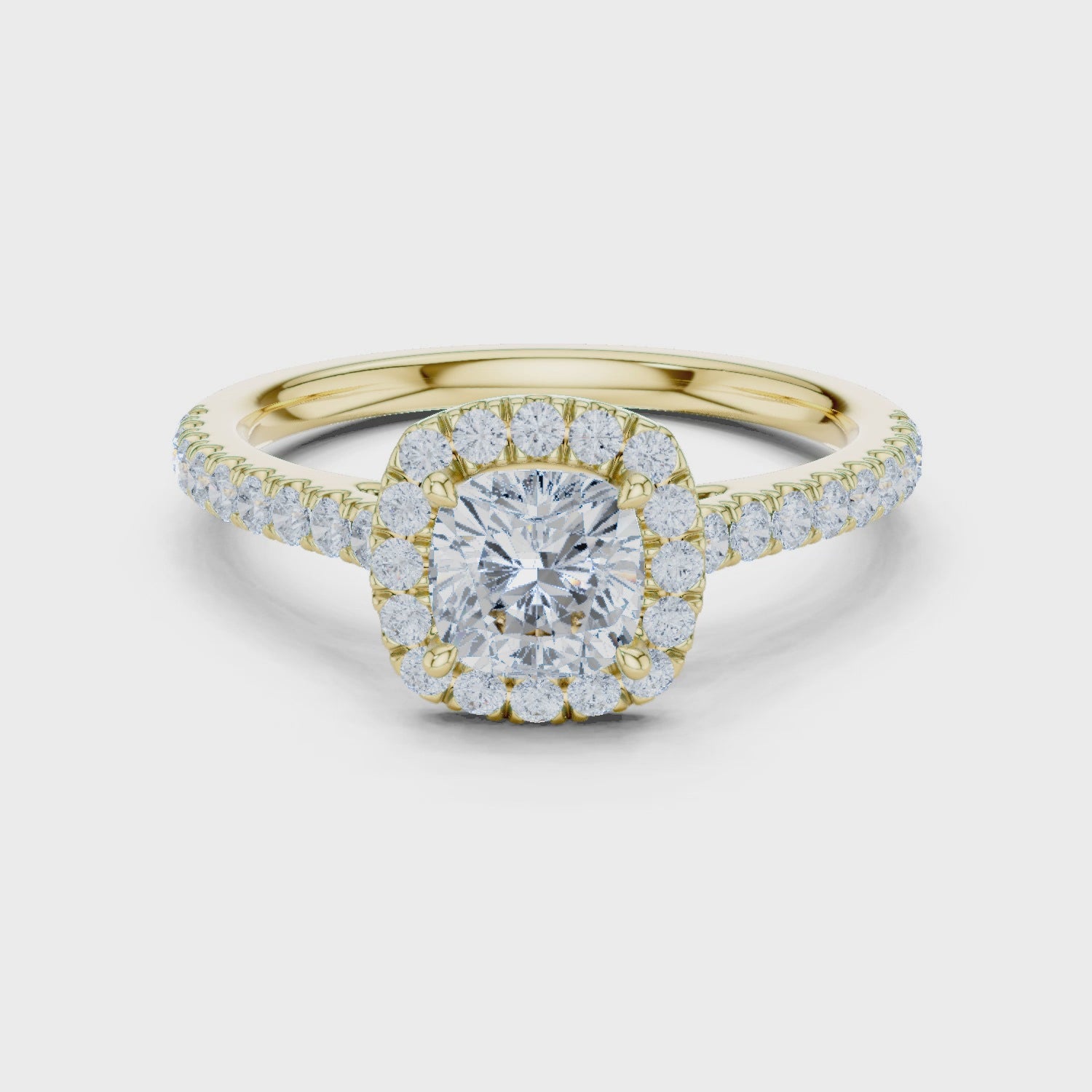 Gold Halo Pave Engagement Ring, Cushion center stone, Yellow Gold, 360 video