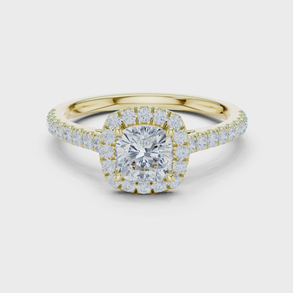 Gold Halo Pave Engagement Ring, Cushion center stone, Yellow Gold, 360 video