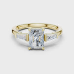 Gold Three-Stone Baguette Engagement Ring, Radiant center stone, Yellow Gold, 360 video