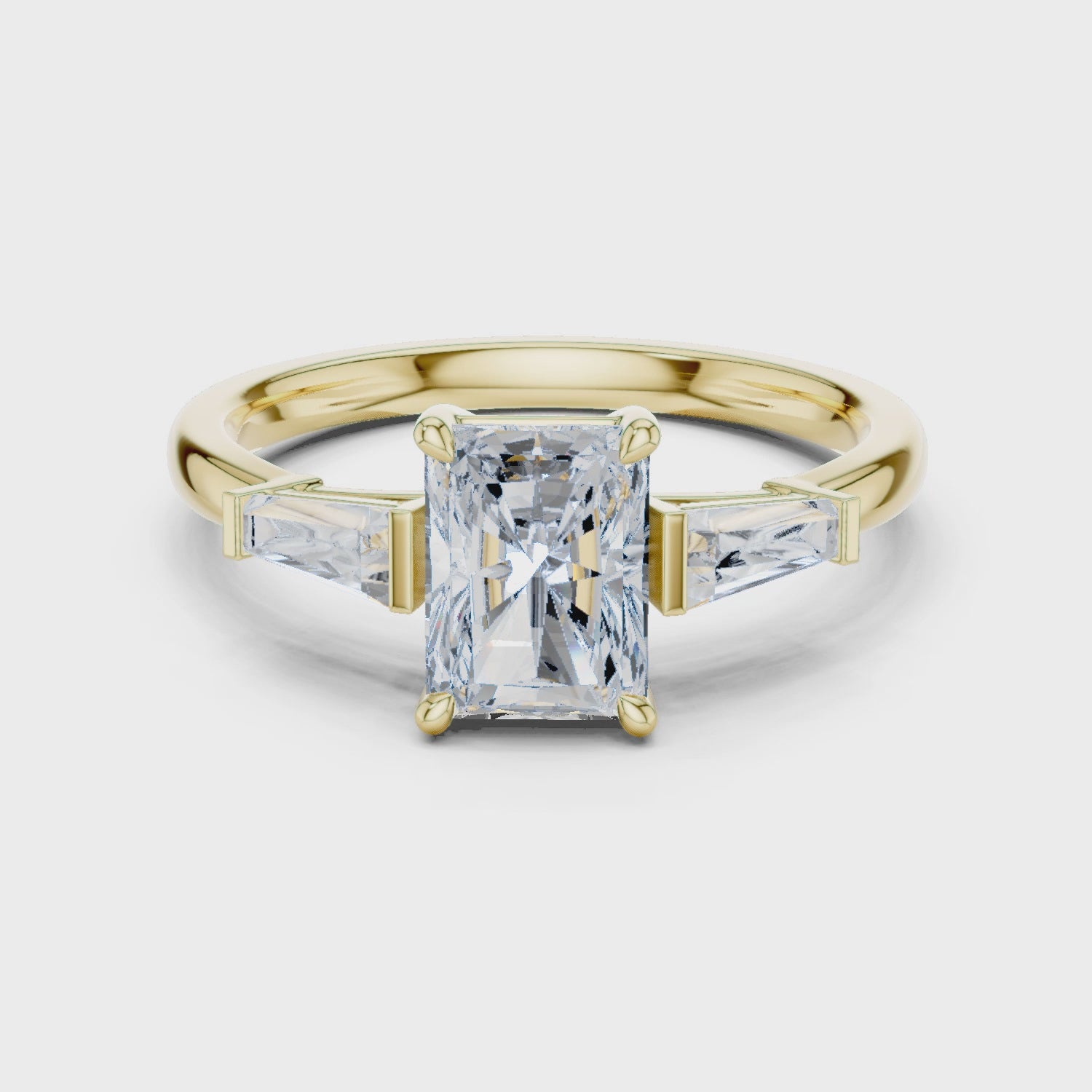Gold Three-Stone Baguette Engagement Ring, Radiant center stone, Yellow Gold, 360 video