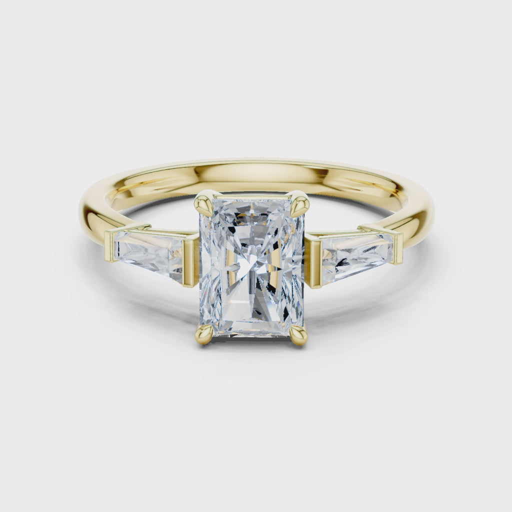 Gold Three-Stone Baguette Engagement Ring, Radiant center stone, Yellow Gold, 360 video
