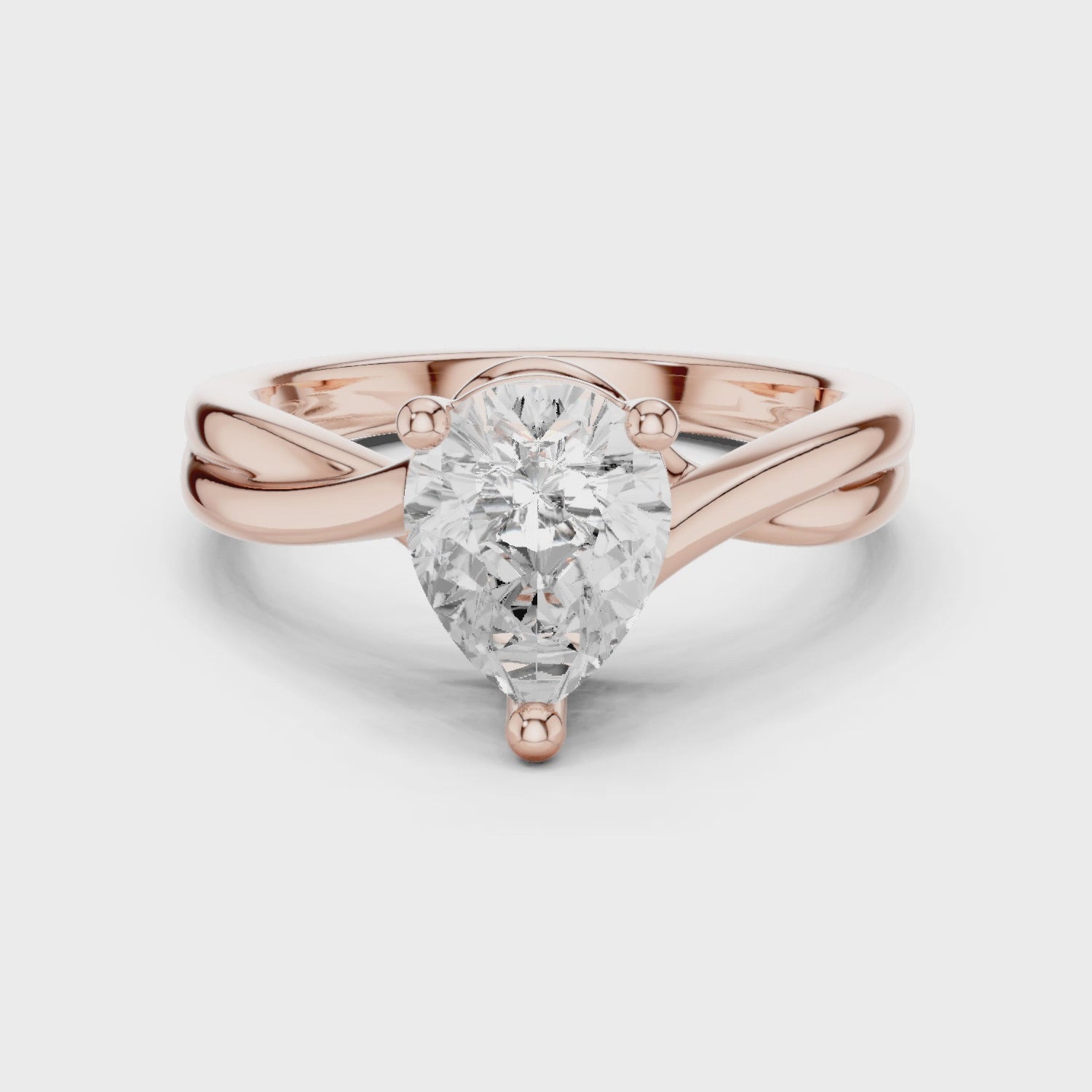 Gold Twisted Band Solitaire Engagement Ring, Pear center stone, Rose Gold, 360 video