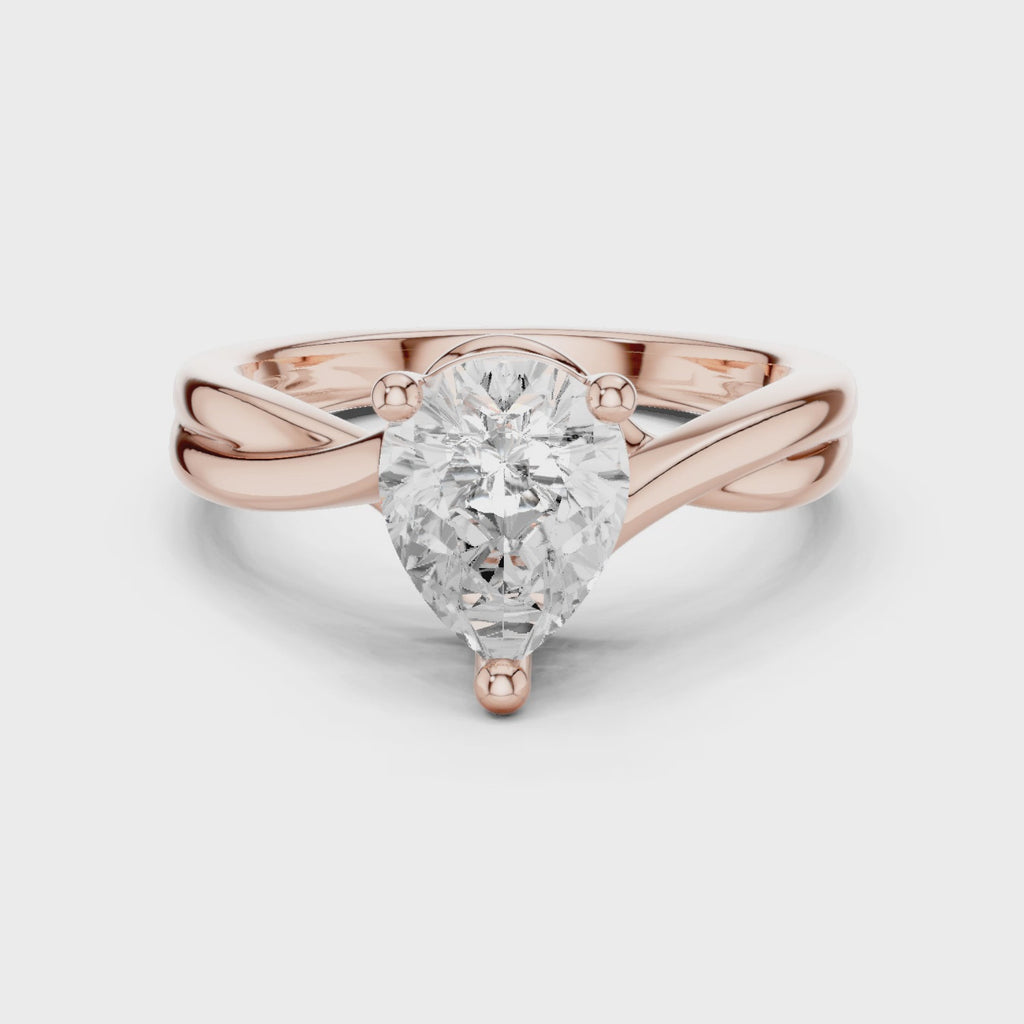 Gold Twisted Band Solitaire Engagement Ring, Pear center stone, Rose Gold, 360 video