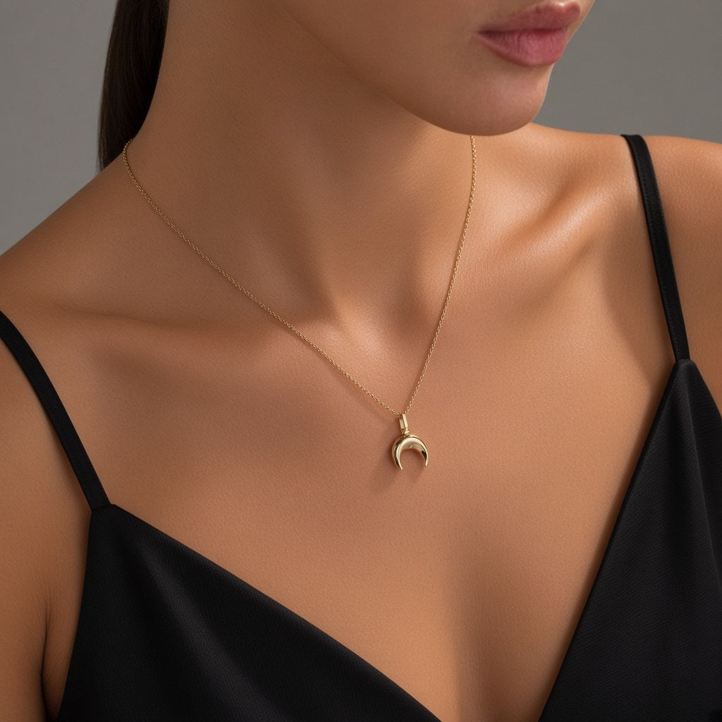 Gold Crescent Moon Urn Necklace, worn