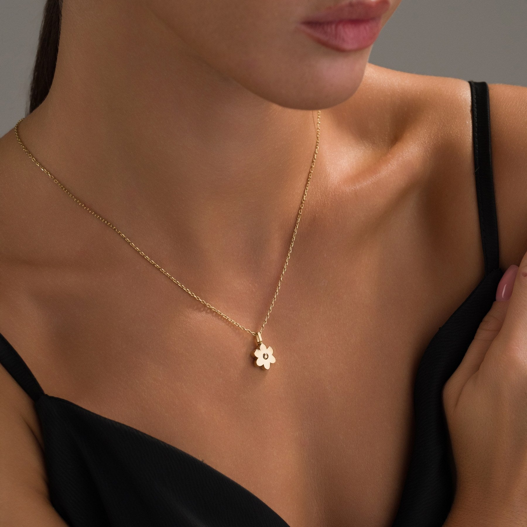 Gold Flower Urn Necklace (14K), worn