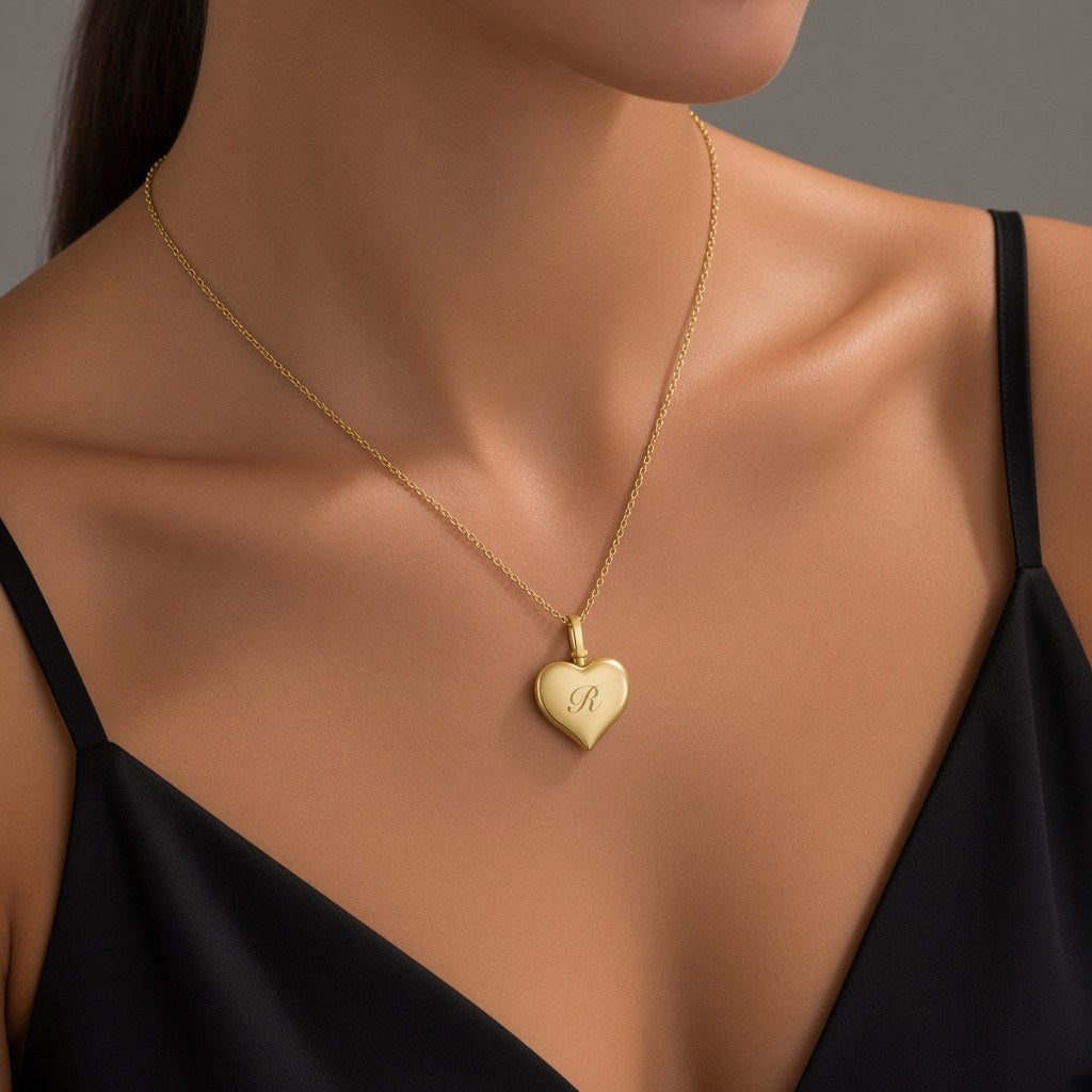 Gold Puffy Heart Urn Necklace, worn