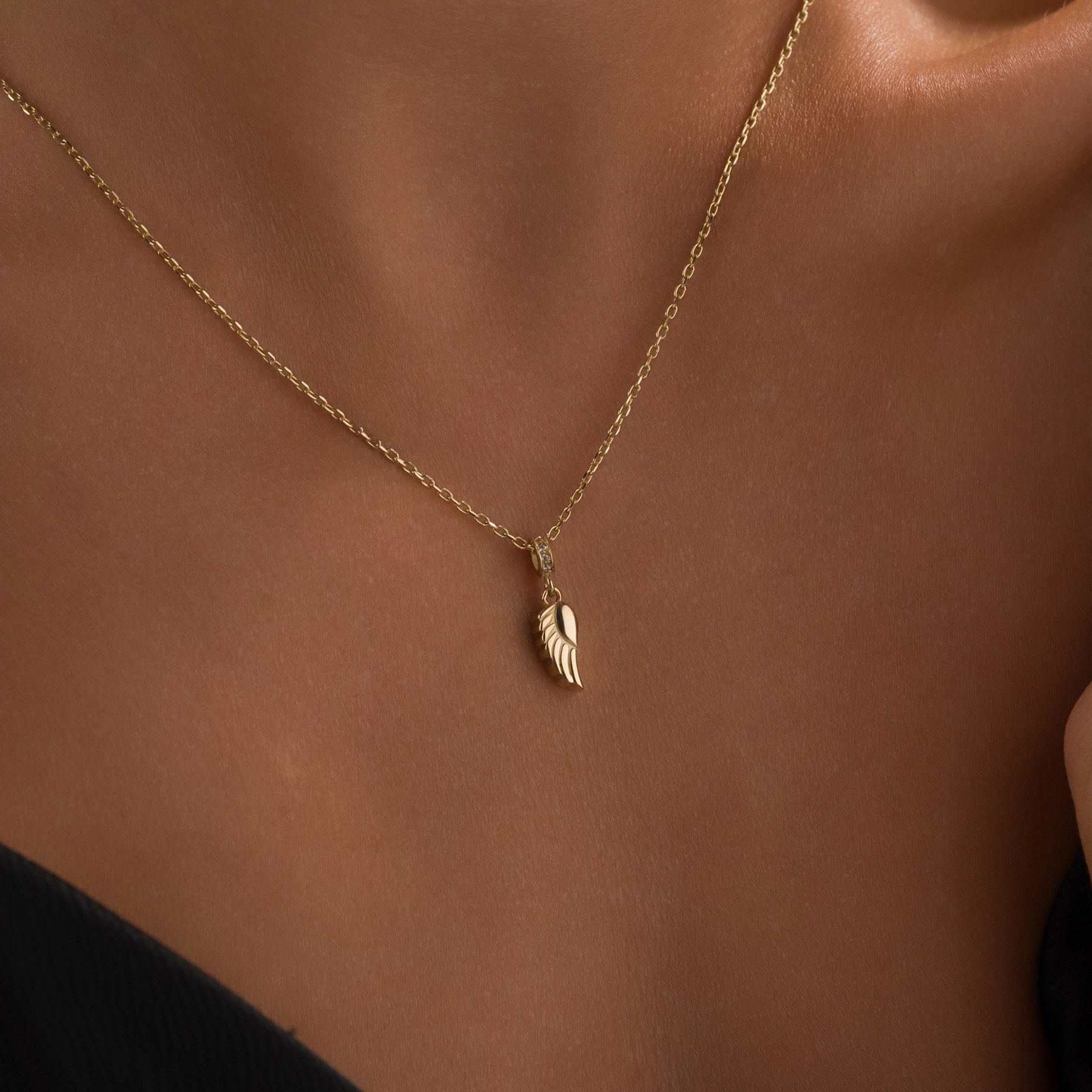 Gold Angel Wings Urn Necklace (14K), worn